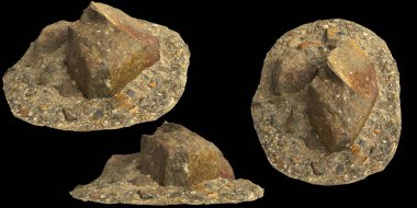 Siyah zemin üzerinde izole edilmiş çakıl rafındaki kayaların 3D çizimi