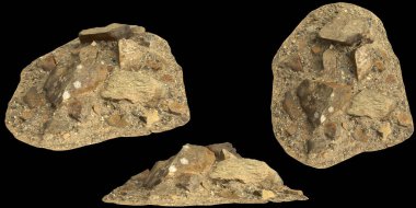 Siyah zemin üzerinde izole edilmiş çakıl rafındaki kayaların 3D çizimi