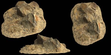 Siyah zemin üzerinde izole edilmiş çakıl rafındaki kayaların 3D çizimi