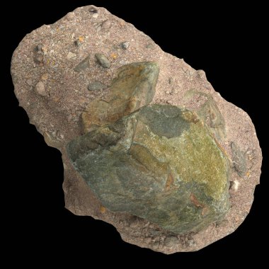 Çakıl taşı rafındaki kayaların 3 boyutlu çizimi siyah arkaplan görünümünde izole edilmiş