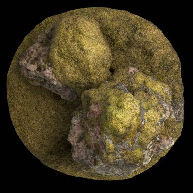 Yosun kaplı kayaların 3D çizimi, siyah arkaplan görünümünde yosun rafına yerleştirilmiş.