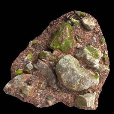 Siyah arka planda kuru yapraklara sabitlenmiş yosun kaplı kayaların üç boyutlu çizimi