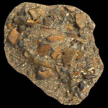 Çakıl taşı rafındaki kayaların 3 boyutlu çizimi siyah arkaplan görünümünde izole edilmiş