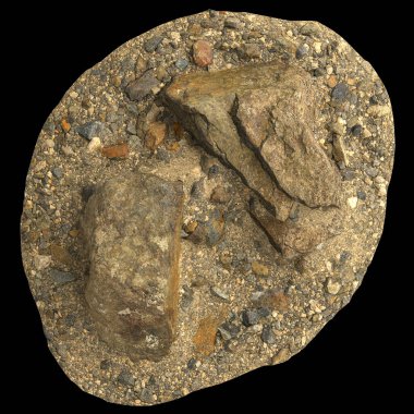 Çakıl taşı rafındaki kayaların 3 boyutlu çizimi siyah arkaplan görünümünde izole edilmiş