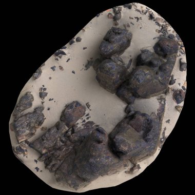 Kum sahanlığındaki kayaların siyah arkaplan görünümünde üç boyutlu çizimi