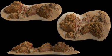 Kum rafındaki kayaların siyah arka planda izole edilmiş 3D çizimi