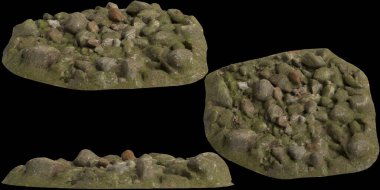 Siyah arka planda yosun kaplı kayaların yosun rafına yerleştirilmiş 3D çizimi