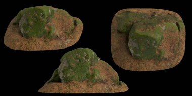 Siyah zemin üzerinde izole edilmiş çakıl rafındaki kayaların 3D çizimi