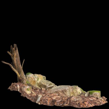 Kuru ağaç kütüğünün siyah arkaplanda izole edilmiş 3d çizimi