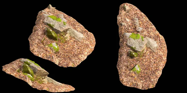 stock image 3d illustration of moss covered rocks, set on dry leaves isolated on black background