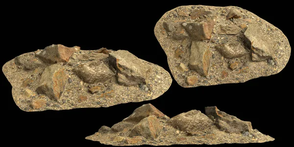 黒の背景に隔離された砂利棚の上の岩の3Dイラスト — ストック写真
