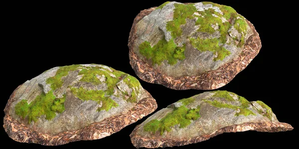 3D苔藓覆盖的岩石插图 放在干燥的叶子上 与黑色背景隔离 — 图库照片