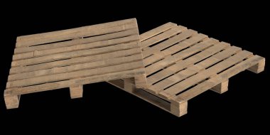 Siyah arkaplanda izole edilmiş 3 boyutlu ahşap palet çizimi