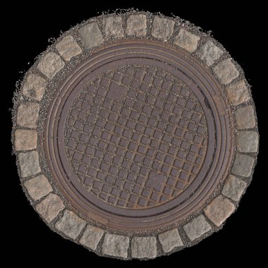 Siyah arkaplanda izole edilmiş demir rögar kapağı yapısının 3 boyutlu çizimi, üst görünüm