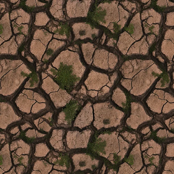 若い草が成長して乾燥した割れた地面のテクスチャの3Dイラスト — ストック写真