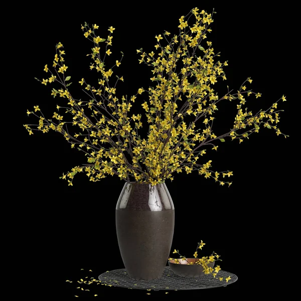 Иллюстрация Украшения Вазы Желтый Цветок Роскошном Пространстве Изолированный Черный Фон — стоковое фото