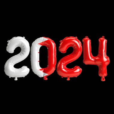 Bahreyn bayrağının renginde balonlarla 2024 yılına ait 3d resim