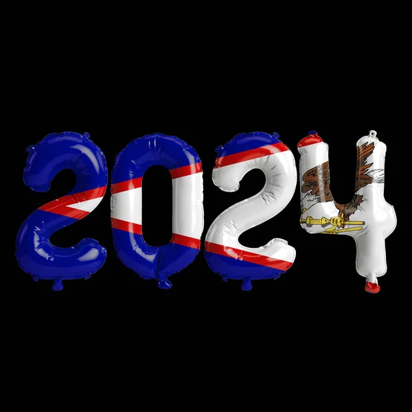 3d illustration of letter about new year 2024 with balloons on color American Samoa flag