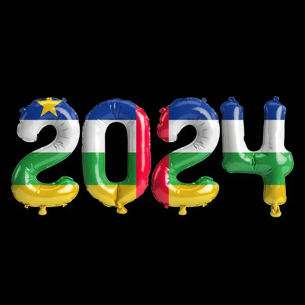 3d illustration of letter about new year 2024 with balloons on color Central African flag