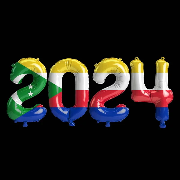 3d illustration of letter about new year 2024 with balloons on color Comoros flag