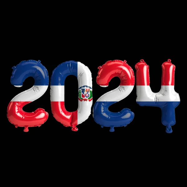 3d illustration of letter about new year 2024 with balloons on color Dominican Republic flag