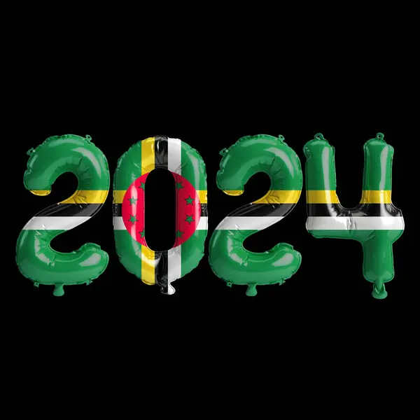 3d illustration of letter about new year 2024 with balloons on color Dominica flag