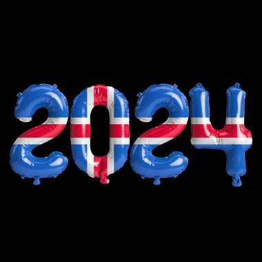 İzlanda bayraklı balonlarla 2024 yılına ilişkin 3d resim