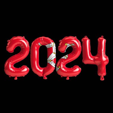 Mann adası bayraklarında balonlarla yeni yıl hakkında 3D resimleme