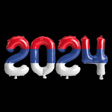 Sırp Cumhuriyeti bayrağının renginde balonlarla 2024 yılına ilişkin 3d resim