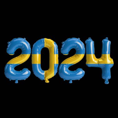 İsveç bayraklarında balonlarla 2024 yılına ait 3d resim.