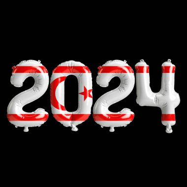 Kuzey Kıbrıs Türk Cumhuriyeti bayraklı balonlarla 2024 yılına ilişkin 3d illüstrasyon