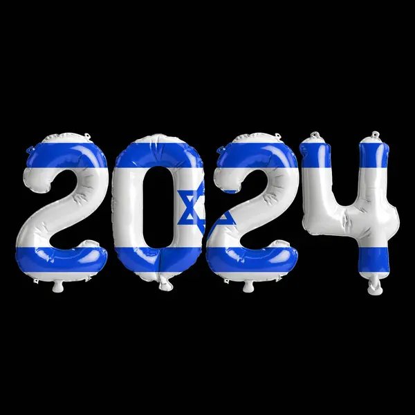 3d illustration of letter about new year 2024 with balloons on color Israel flag