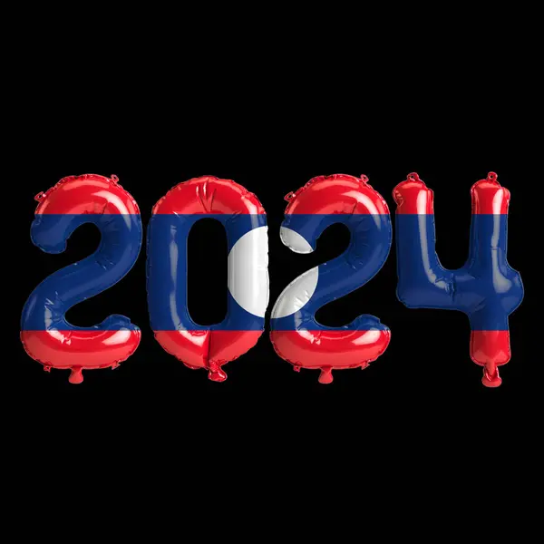 3d illustration of letter about new year 2024 with balloons on color Laos flag
