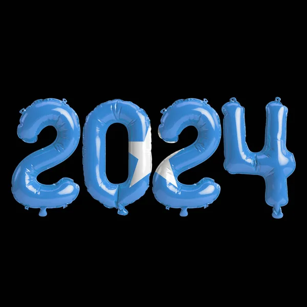3d illustration of letter about new year 2024 with balloons on color Somalia  flag
