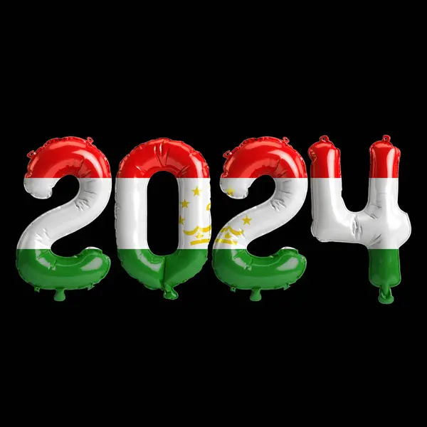 3d illustration of letter about new year 2024 with balloons on color Tajikistan flag