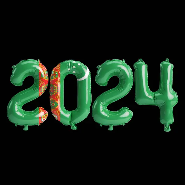 Ilustração Carta Sobre Ano Novo 2024 Com Balões Bandeira Turcomenistão — Fotografia de Stock