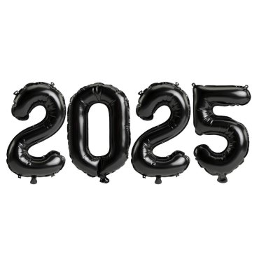 Siyah renkli 2025 balon, beyaz arkaplanda izole edilmiş.