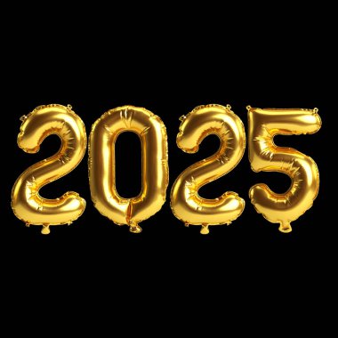 Yeni yılın 3D illüstrasyonu 2025 balon altın rengi, siyah arkaplanda izole