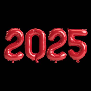 Kırmızı renkte 2025 balon, siyah arkaplanda izole edilmiş.