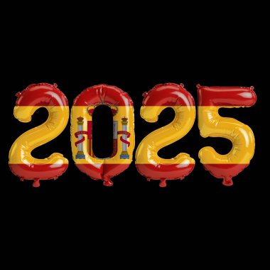 İspanya bayrak renginde 2025 balonun 3 boyutlu resmi, siyah arkaplanda izole edilmiş
