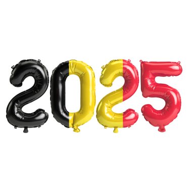 Belçika bayrağı renginde, beyaz arkaplanda izole edilmiş 2025 balonun 3D çizimi