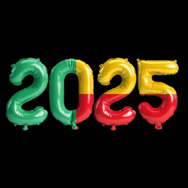 Benin bayrağı renginde 2025 balonun siyah arkaplanda izole edilmiş 3B çizimi