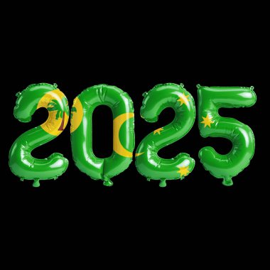 Cocos (Keeling) adalarının bayrak renginde 2025 balonun siyah zemin üzerinde izole edilmiş 3D yeni yıl illüstrasyonu