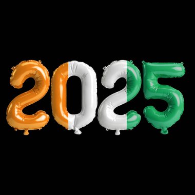 3D illustration of new year 2025 balloons on Cote d Ivoire flag color, isolated on black background clipart