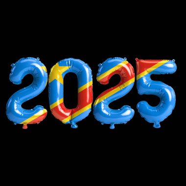 3D illustration of new year 2025 balloons on Democratic Republic of the Congo flag color, isolated on black background clipart