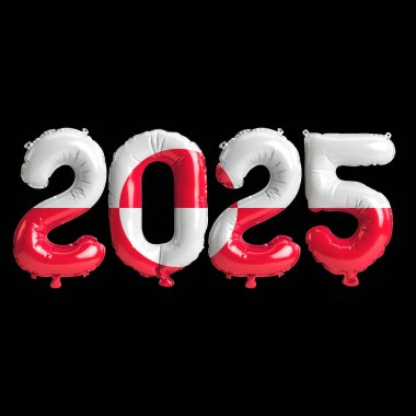 Grönland bayrağı renginde, siyah arkaplanda izole edilmiş 2025 balonun 3D çizimi