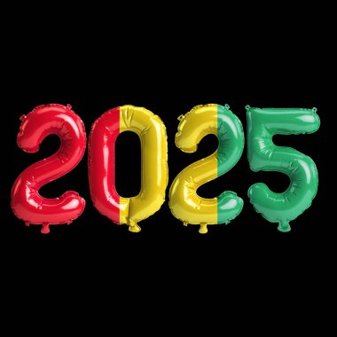 Gine bayrağı renginde 2025 balonun siyah arkaplanda izole edilmiş 3D yeni yıl illüstrasyonu