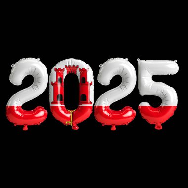 Cebelitarık bayrağı renginde, siyah arkaplanda izole edilmiş 2025 balonun 3D çizimi