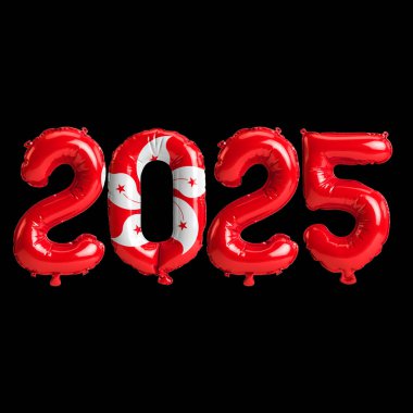 Hong Kong bayrak renginde 2025 balonun 3 boyutlu resmi, siyah arkaplanda izole edilmiş.
