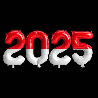 Endonezya bayrağı renginde 2025 balonun siyah arkaplanda izole edilmiş 3D görüntüsü